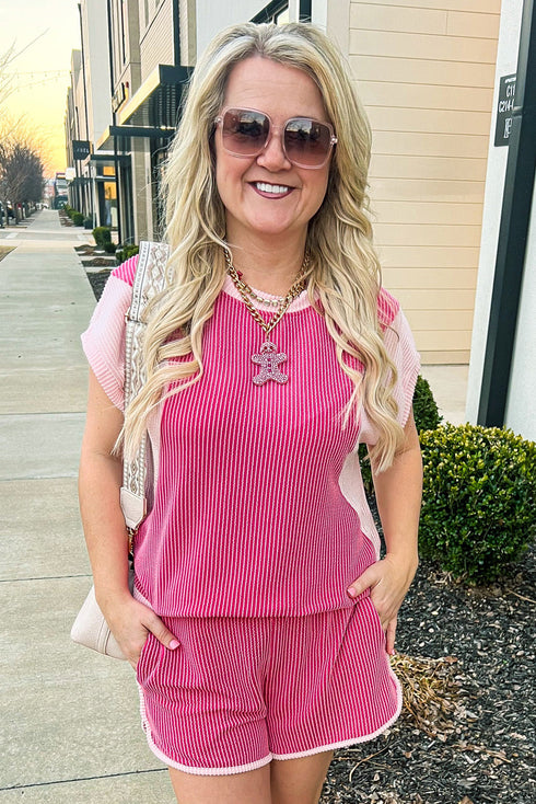 Preppy Ribbed Texture Color Block Crew Neck Tee Dolphin Shorts Set